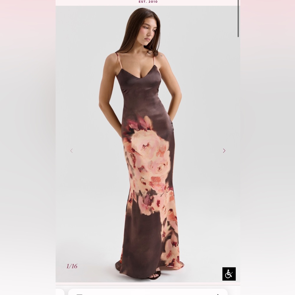 House of CB Floral Mariamma Satin Maxi Dress in Pink and Brown